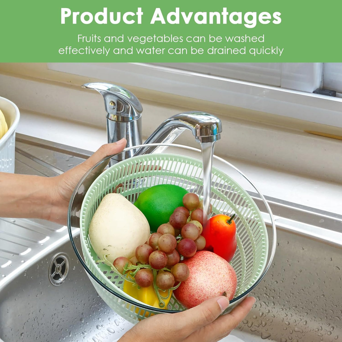 PP Salad Spinner, Multi-Use Basket, 4.22 QT Large Capacity Salad Washer Labor Saving Lettuce Spinner Multiple Water Outlet Lettuce Drainer for Household(Green)