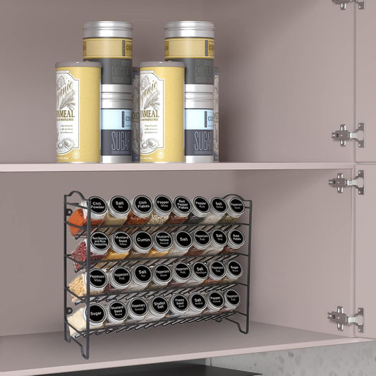 Spice Rack Organizer with 32 Glass Spice Jars and 396 Spice Labels | Chalk Marker, Funnel - Spice Organizer for Cabinet, Countertop, Pantry, Cupboard & Wall Mount, 14.8" W × 12.6" H, Black