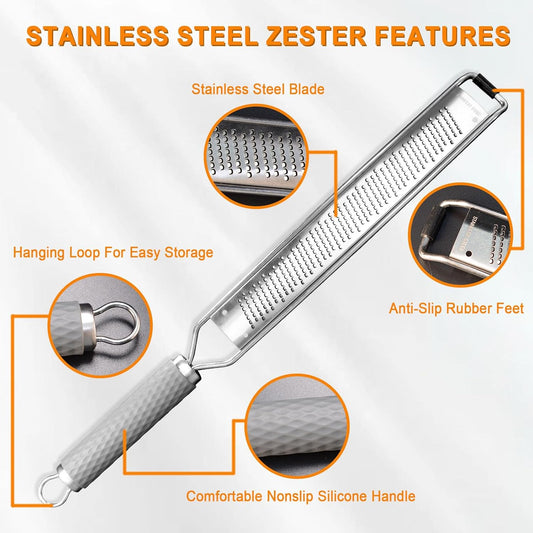 Stainless Steel Lemon Zester, Cheese Grater & Vegetable Grater with Silicone Handle - Parmesan Cheese Lemon, Garlic, Nutmeg, Chocolate, Fruits, Vegetables, Ginger - Cheese Grater (Gray)