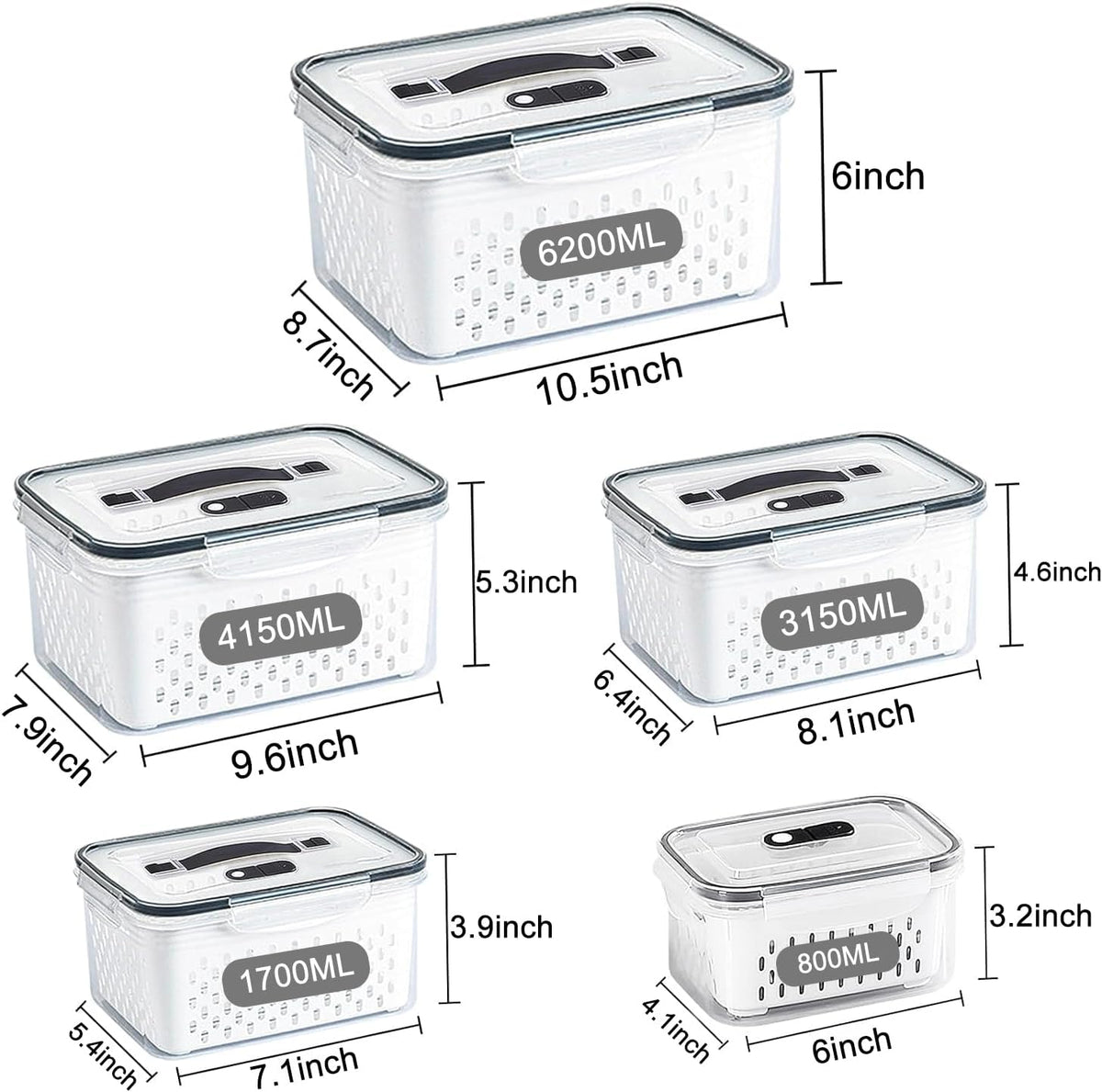 Large Fridge Food Storage Container Set with Lids with Strainer, Fruit Vegetable Storage Containers Keep Fruits, Vegetables, Berry, Meat Fresh longer, BPA-Free Plastic Produce Keepers
