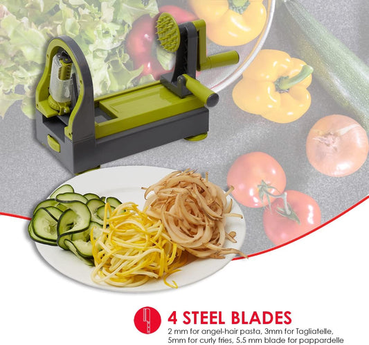 4 Function Tabletop Spiralizer, Green | 4 Razor Sharp Blades | Safety Guards Protect While Using | Durable | Easy to Clean | Great for Vegetables & Fruit | Healthy Way to Prepare Meals