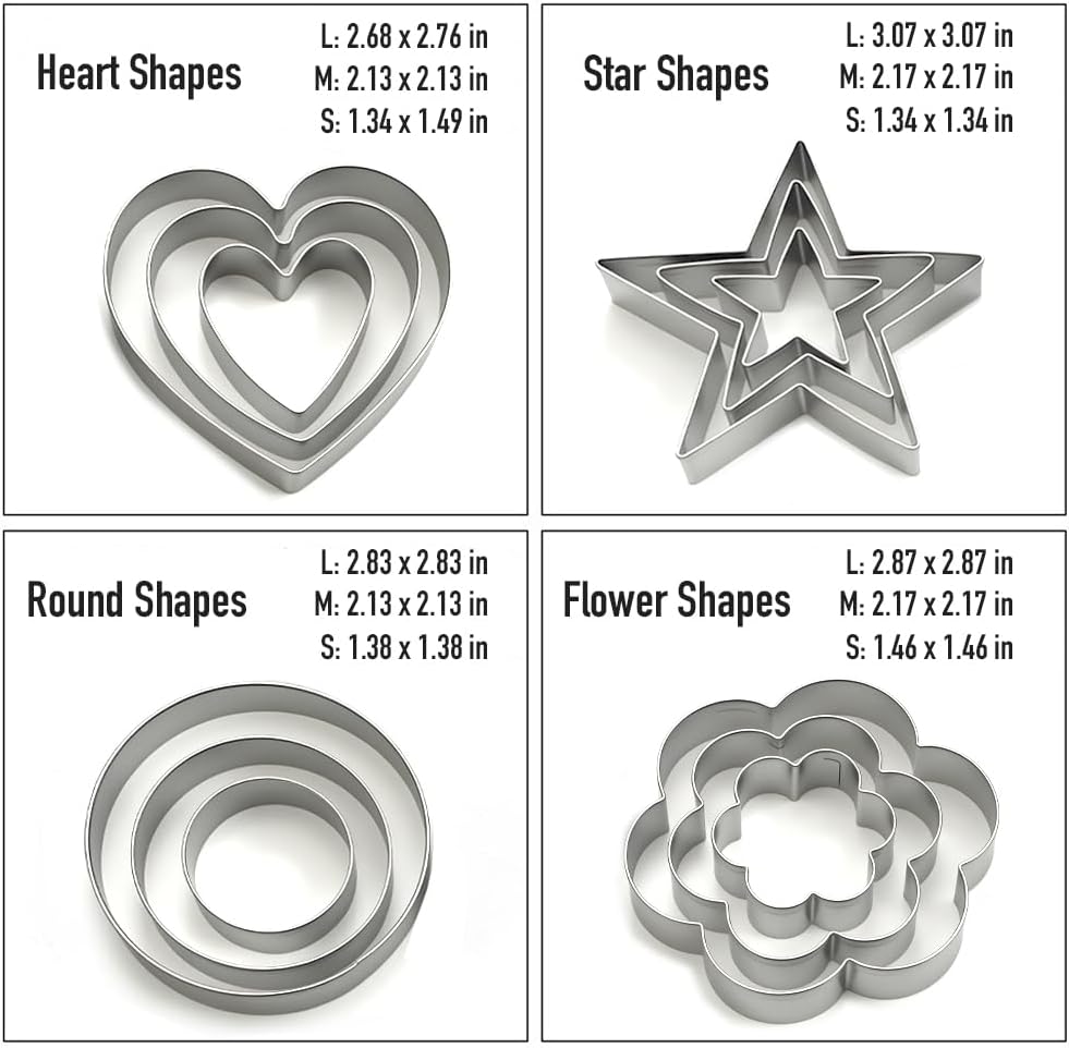 Metal Cookie Cutters Set of 12 - Heart, Flower, Round, Star Shapes | Stainless Steel, Small to Mini Size, Metal Biscuit Cutter Molds for Sugar Cookie Baking or Holiday Party Decorations