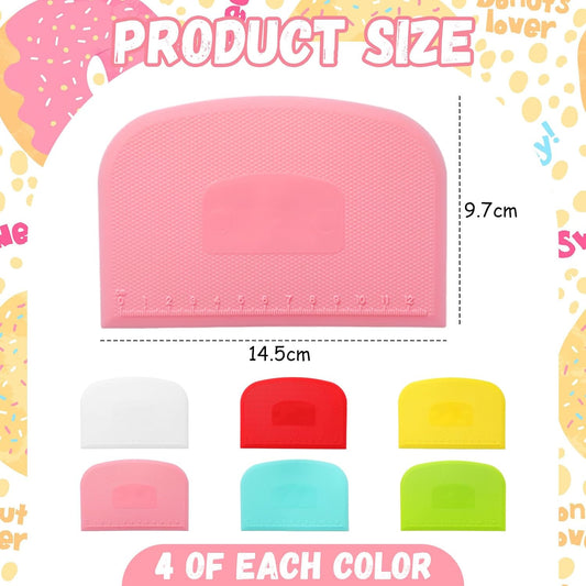 24 Pcs Plastic Bench Scraper with Scale Flexible Dough Multipurpose Cake Cutter Pizza Dough Spatula Food Scraper Tool Gift for Bread Pastry Fondant Icing, 6 Colors
