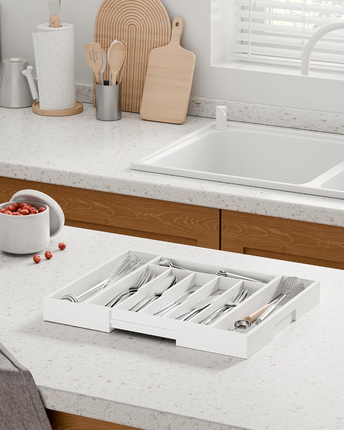 Silverware Organizer, Bamboo Kitchen Drawer Tray, Natural, Large | Expandable Drawer Kitchen Organizer, Cooking Utensils & Cutlery, Sturdy & Thickened Design, Storage Solution