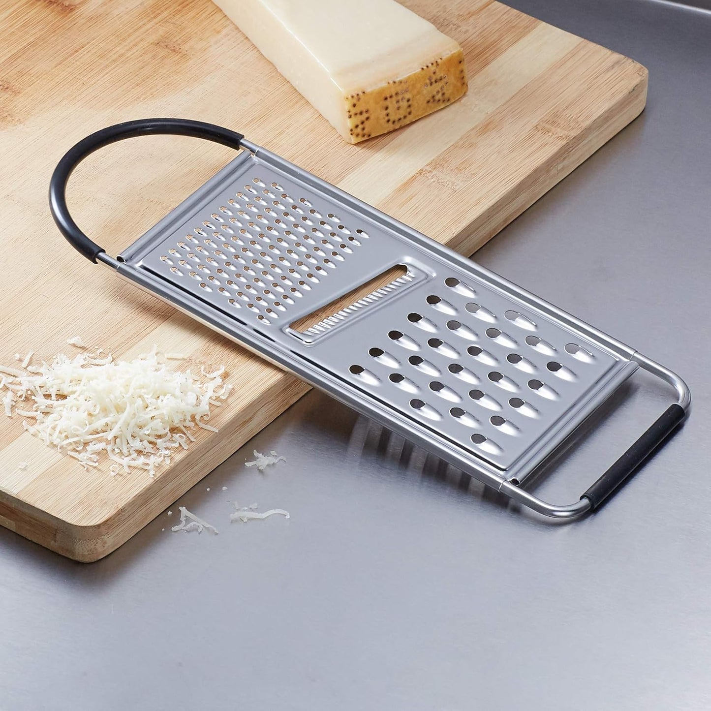Cheese Grater with Handle, Stainless Steel Zester, Easy to Clean, Dishwasher Safe, Rectangular, Non-Slip, Multifunction Tool for Kitchen Prep, Vegetables, Black