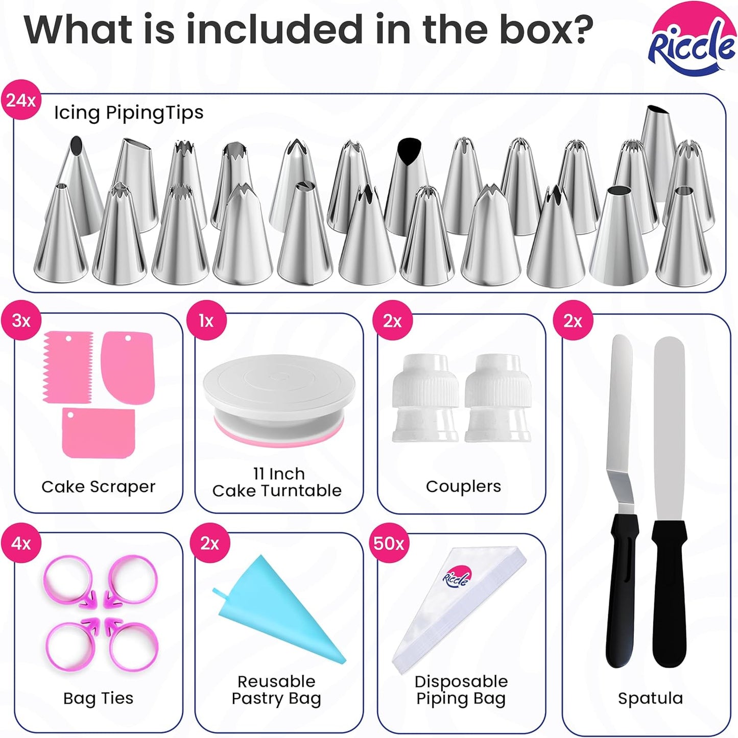 88 pcs Cake Decorating Kit with Cake Turntable - Includes 50 Disposable + 2 Reusable Piping Bags and Tips Set, 24 Icing Piping Tips, 2 Spatulas, 3 Icing Comb Scraper, Baking Supplies