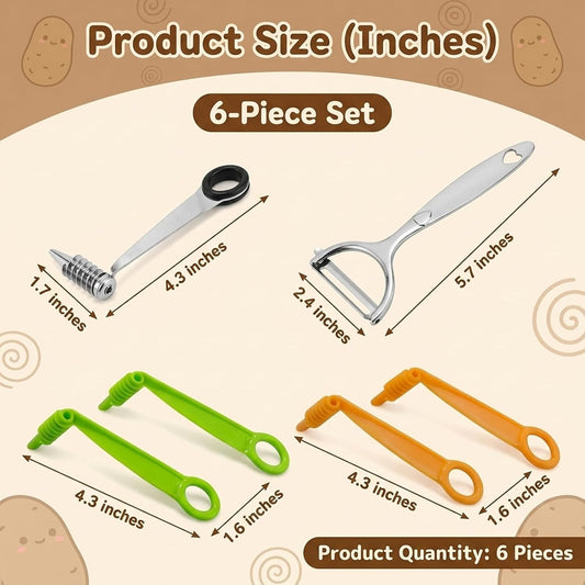 Potato Spiral Cutter, Potato Peeler, 6Pcs Set Includes Manual Vegetable Spiralizer and Vegetable Peeler, Practical Vegetable Spiral Slicer Cutter for Potatoes Carrots Cucumbers Fruits