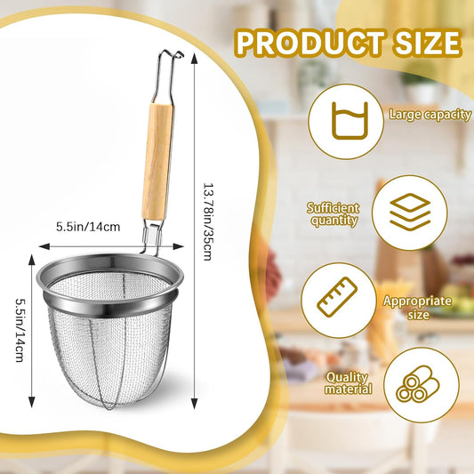 4 Pcs Pasta Strainer Basket 5.5"x5.5" Stainless Steel Noodle Strainer with Wood Handle Kitchen Round Base Mesh Spider Basket Skimmer Food for Pasta, Ramen, Dumplings, and Deep-fried Foods