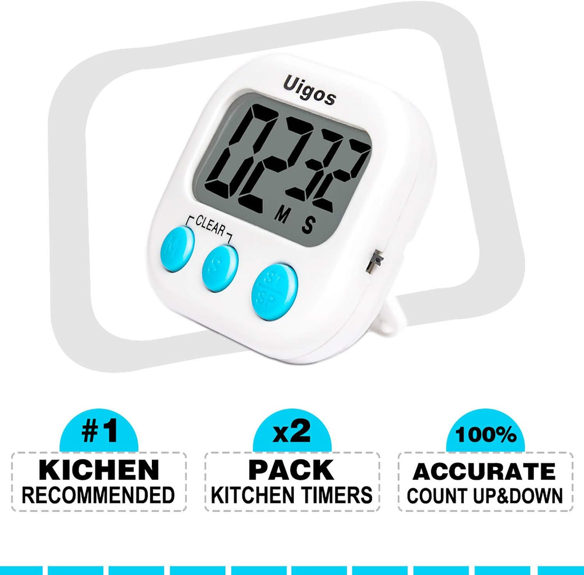 2 Pack Digital Kitchen Timer II 2.0, Big Digits, Loud Alarm, Magnetic Backing, Stand, for Cooking Baking Sports Games Office (White) (2 Pack)