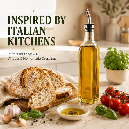 Olive Oil Dispenser Bottle - 16 oz, Made in Italy Glass Olive Oil and Vinegar Cruet with Stainless Steel Spout for Kitchen, Slight Green Tint (1, 473 ml)