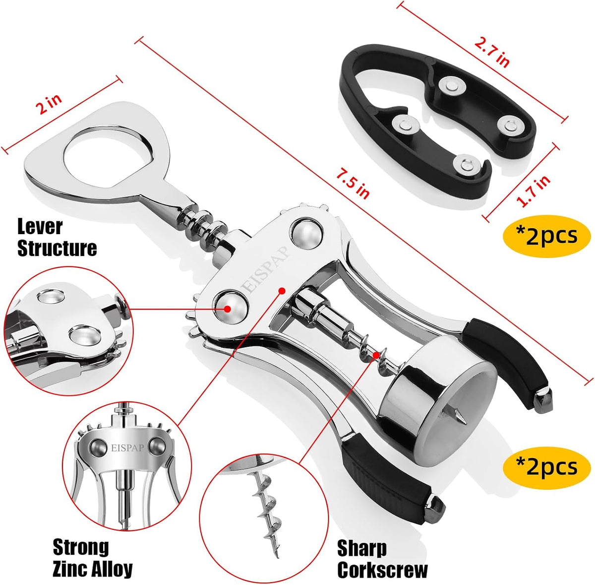 Powerful Wine Opener, Ergonomic Soft Touch Heavy Duty Manual Bottle Openers, Rust Resistant Zinc Alloy Winged Corkscrew, Easy Use, Open Corks, Dishwasher Safe, Bar Accessories