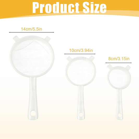 3PCS Plastic Nylon Strainer Set, 3 Sizes Ultra Fine Mesh Strainer for Juicing Kefir Grains Yogurt and More, Food-Grade Nylon Mesh Colander with Handle for DIY Crafts Baking Stuff