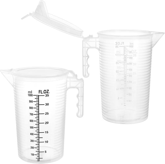 2 Pack 32oz (1 Quart) Measuring Pitcher - Plastic, Multipurpose, Polypropylene, with Clear Ounce & Milliliter Markings, Dustproof Lid, for Cooking, Home Hobbies, Shop Oil and Fluids