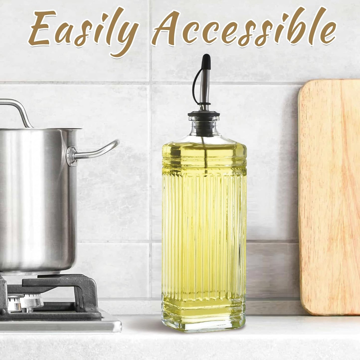 1-Pack Glass Olive Oil Dispenser 500ML/17OZ, Rectangular Vinegar Bottle with Stainless Steel Pourer, Brush, Funnel, Label (Ribbed)