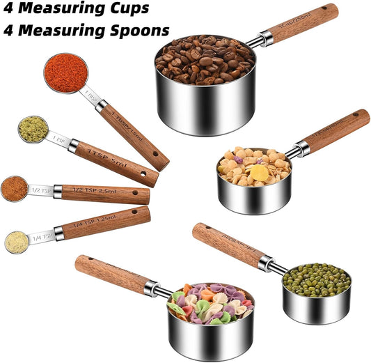 Wooden Handle Measuring Cups & Spoons Set 8-Piece – Stainless Steel, Stackable, Rustic Farmhouse Kitchen Gadgets, Non-Toxic, Dishwasher Safe, Gift for Bakers & New Homeowners.