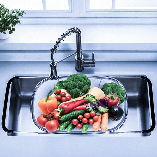 Over the Sink Colander with Expandable Rubber Grip Handles - Fine Mesh Oval Strainer in Stainless Steel -Drain, Rinse Fruits and Vegetables