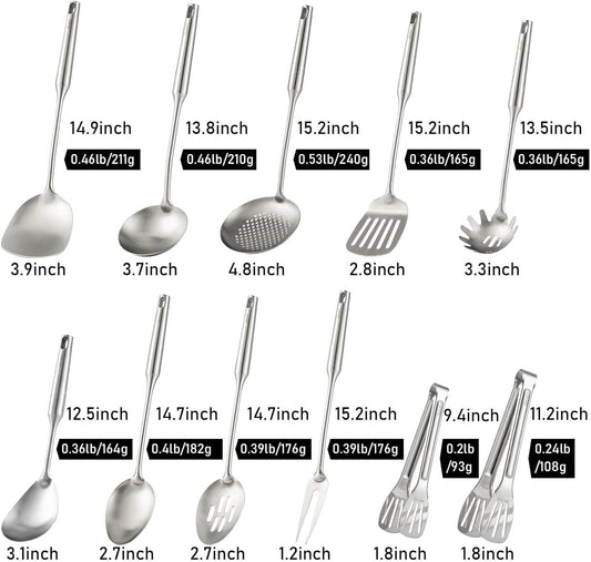 18/10 Stainless Steel Cooking Tools Set - 11PCS All Metal Kitchen Utensils | Round Handle Utensils - 2 Tongs, Fork, Solid Slotted Spoon, Spatula, Soup Ladle, Skimmer, Turner, Spaghetti, Large Spoon