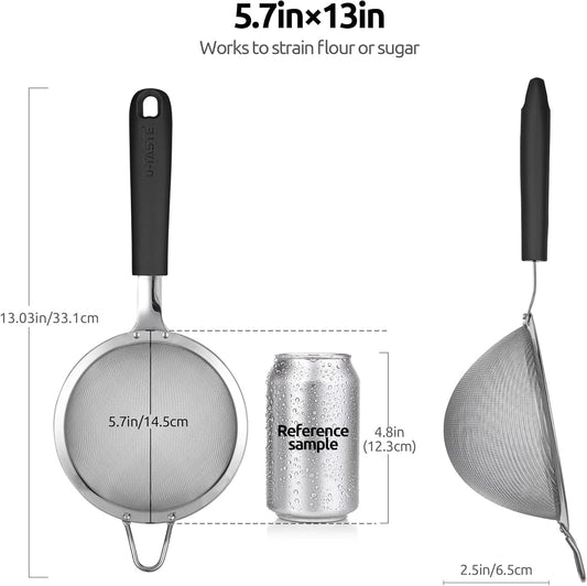 18/8 Stainless Steel Mesh Strainer: 5.5 Inch Kitchen Fine Mesh Sieve Food Colander with Riveted Sturdy Silicone Handle and 30 Mesh Hole for Straining Flour, Pasta, Fruit, Quinoa (Black)