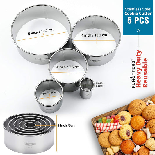 Cookie Cutter Set, 4 Pc. Kit, Measuring 2'', 3'', 4'' and 5'', Round Metal Baking Rings for Pastry, Biscuits, and Dough Cutting, Heavy Duty and Reusable, Multiple Sizes