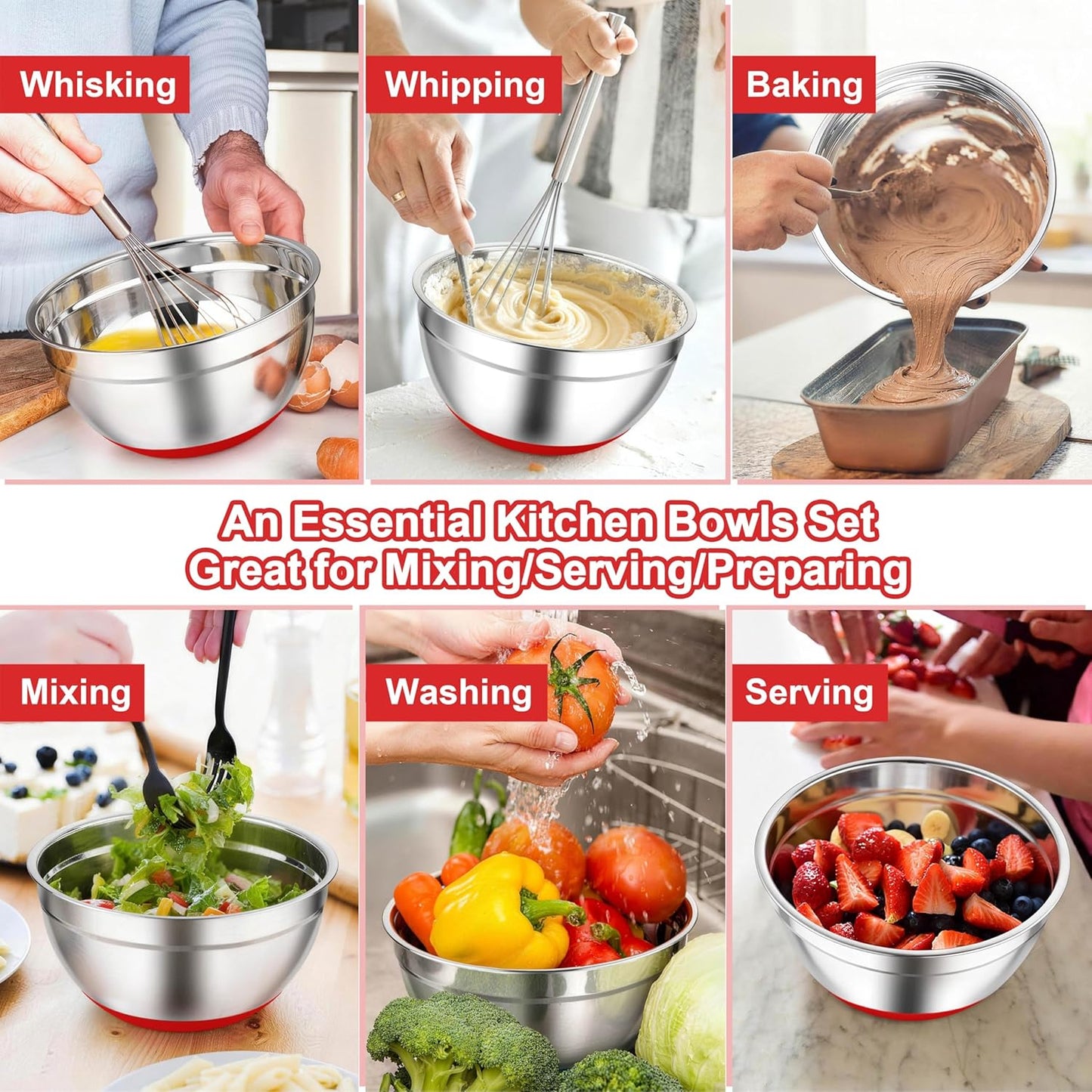 TeamFar Mixing Bowls, Black Mixing Bowls with Lids Set, Stainless Steel Nesting Salad Bowl with Air-tight Lid & Silicone Bottom, Non Slip & Stackable - Set of 6-4.6/2.6/2 / 1.5/1 / 0.7 Qt