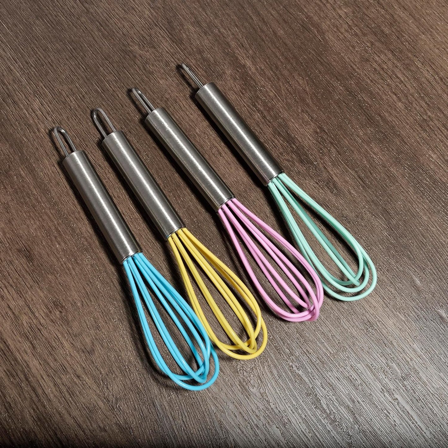 Mini Whisks 6 inch 4Pcs silica gel stainless steel Whisk, Hand Egg Mixer for Flour Cake Egg, Kitchen Cooking Baking Use Whisk (purple,yellow,cyan,blue)