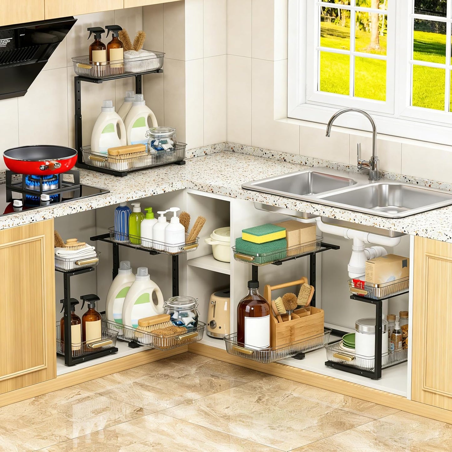 ARSTPEOE Under Sink Organizer - 2 Packs Multi-Purpose Pull-Out Storage Organizers, Slide out Pull out Metal Cabinet Organizer Shelf, Storage for Kitchen Bathroom, Black