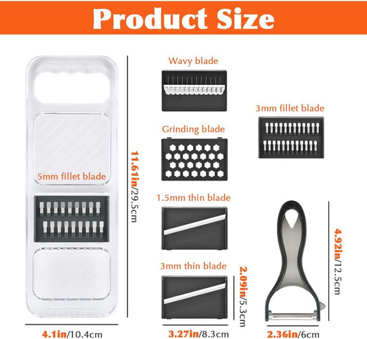 Multifunctional Mandoline Slicer with 6 Interchangeable Blades, Handheld Food Slicer with Safety Guard, Adjustable Stainless Steel Blade for Vegetable, Potato, Tomato, Onion