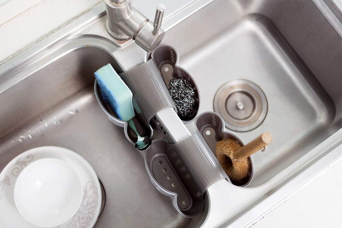 Kitchen Sink Caddy Sponge Holder, Saddle Faucet Organizer | Plastic Fitting Most Sink Rims, Removable Drain Basket Holding Sponges, Brushes & Stoppers Dry to Tidy Kitchen Sinks