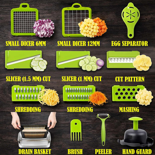 Vegetable Chopper 15 in 1- Multifunctional Food Chopper with 7 Blades- Mandoline Slicer, Dicer, Cutter, Peeler & Grater for Onion, Potato, Salad, Carrot, Garlic with Drain Basket & Container