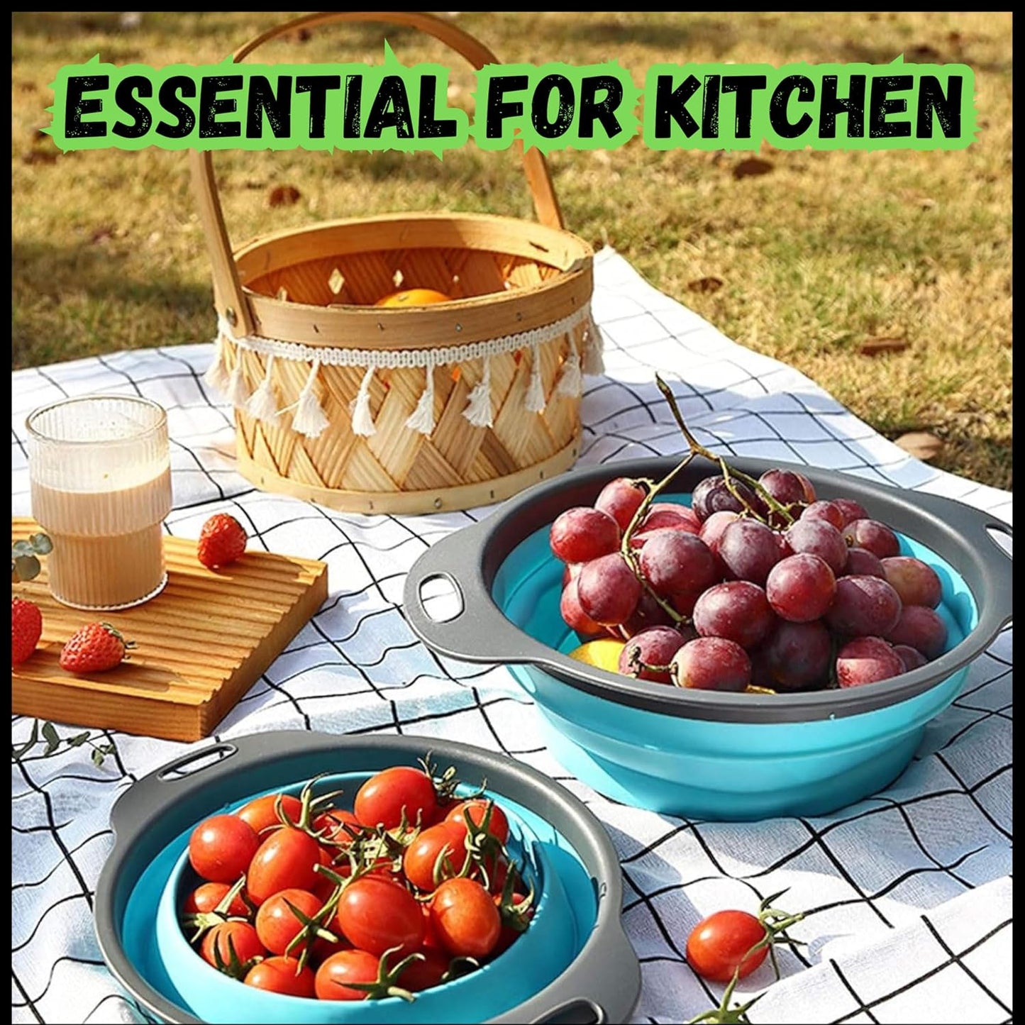 Collapsible Colander Set of 2, Foldable Silicone Pasta Strainer with Handles, 2 Pack Space Saving Kitchen Colander for Fruits,Space Saving Pasta Strainer Basket for Fruits & Vegetables