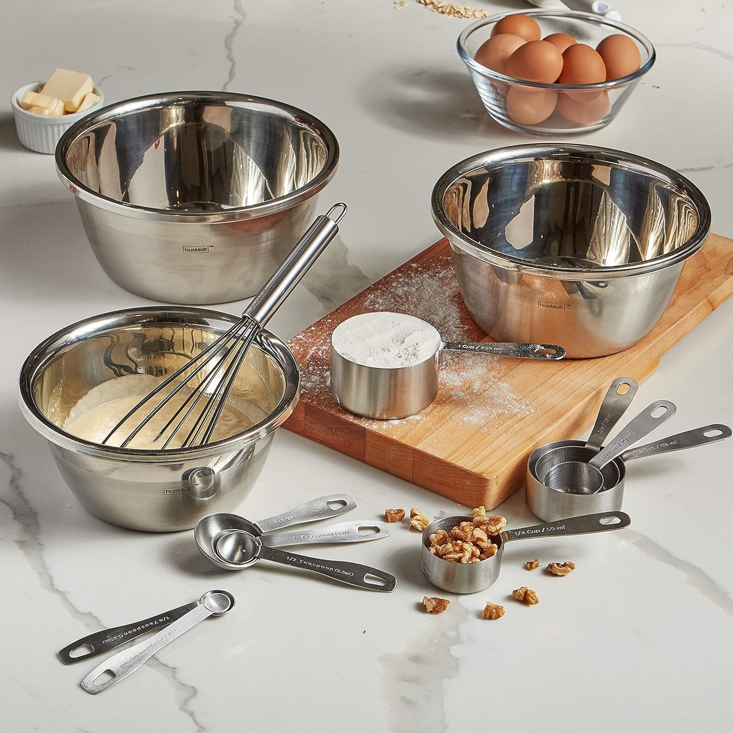 husMait Stainless Steel Measuring Cups & Spoons - 10 Piece Heavy Duty Measuring Cups & Spoons Set for Dry Foods, Spices or Liquids