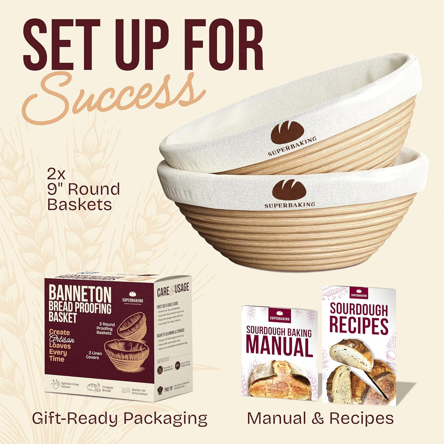 Superbaking Sourdough Starter Kit, 9" Round Banneton Bread Proofing Basket Set, Sourdough Bread Baking Supplies, Sourdough Tools with Silicone Bread Sling, Bread Making Tools, Baking Gifts