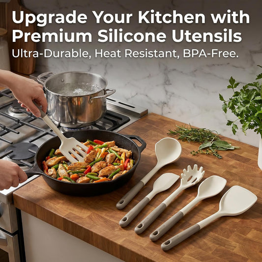 Silicone Kitchen Utensils Set, 6-Piece Premium, Cream White & Mocha | Premium Food-Grade Silicone, BPA-Free, Dishwasher Safe, Heat Resistant up to 500°F, Non-scratch. Long Ergonomic Handles.