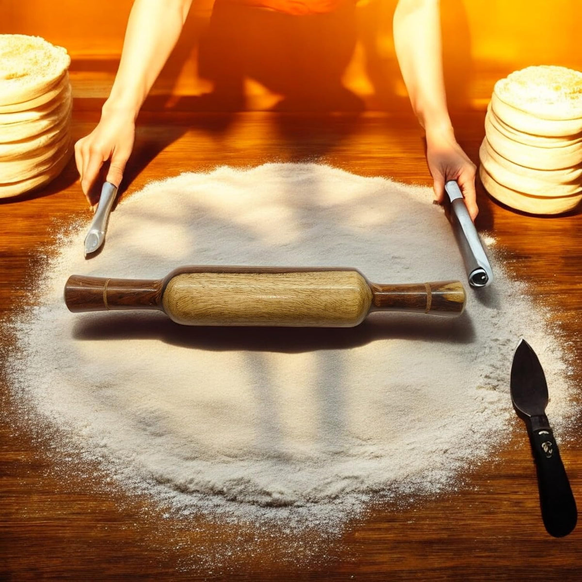 Natural Wooden Non-Stick Rolling Pin for Baking, 13 Inch Dough Roller with Handles for Pizza, Pie Crust, Cookies, Pasta, Pastry,Dumpling & Roti-Poori
