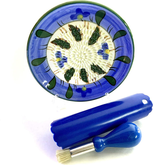 BonCera, All-in-one Premium Ceramic Garlic Grater Plate 4-Piece Set - Blue Flower Design, Classic Style - For Garlic, Ginger, Chocolate, and more! - Comes with 5.25" Plate, Peeler, Brush, and Stand