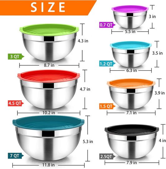 Mixing Bowls with Lids Set of 7, Stainless Steel Nesting Mixing Bowls Set with 16 PCS Kitchen Utensils for Prepping Mixing Serving, 7, 4.5, 3, 2.5, 1.5, 1.2, 0.7 QT, Colorful