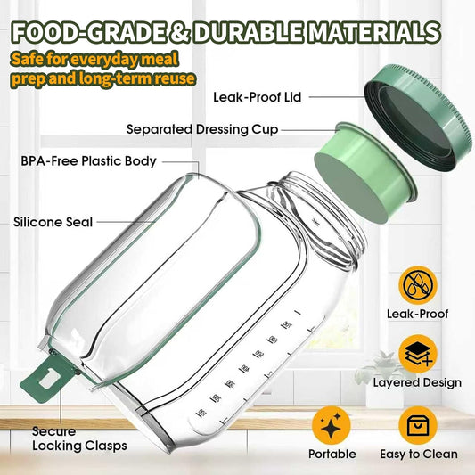 Salad Jar with Side Opening, Mason Jar Pod Lunch Container for Meal Prep, Leakproof Airtight Salad Shaker with Dressing Container, BPA Free & Dishwasher Safe for Office & Travel