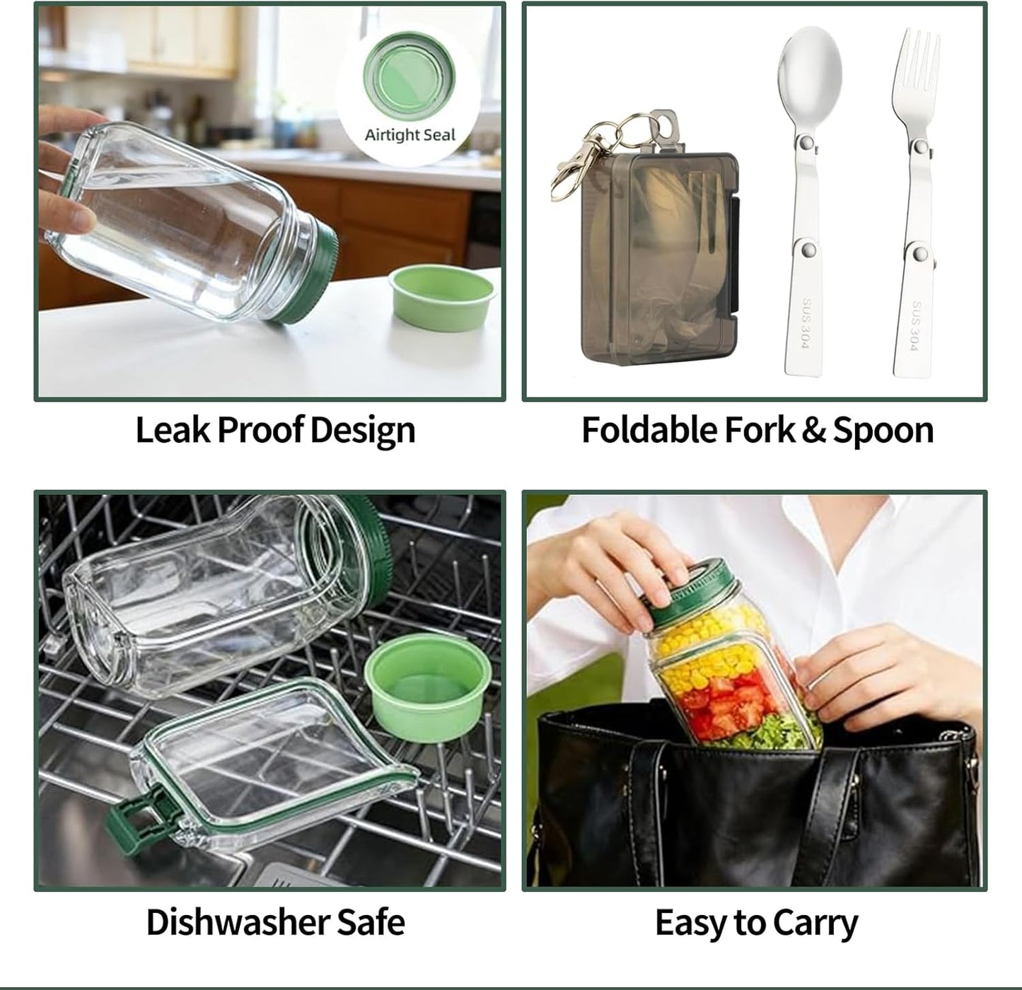 Salad Jar with Side Opening, Mason Jar Pod Lunch Container for Meal Prep, Leakproof Airtight Salad Shaker with Dressing Container, BPA Free & Dishwasher Safe for Office & Travel