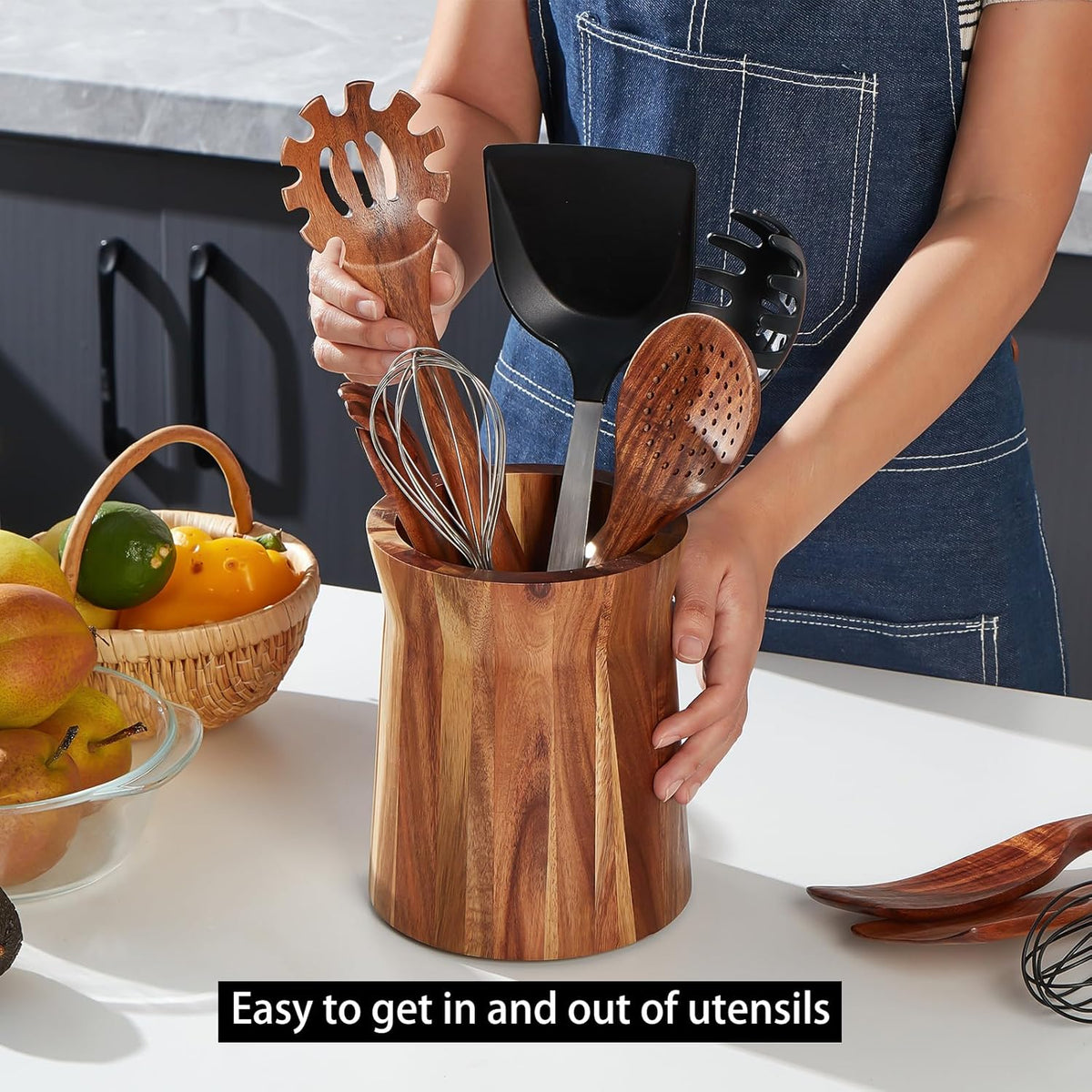 Acacia Wood Utensil Holder, 360° Rotating, Large Countertop Organizer, Farmhouse Kitchen Decor