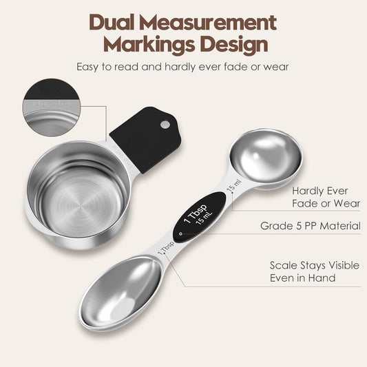 Magnetic Measuring Cups and Spoons Set – 304 Stainless Steel | Dual-Sided Markings | Space-Saving Kitchen Organizer | N52 Magnetic Nesting | 15-Piece with Leveler | Baking & Gift (Black)