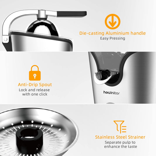 150W Electric Citrus Juicer Squeezer with 2 Cones, Stainless Steel Quiet Orange Juice Extractor Machines for Lime Grapefruit Lemon, Detachable Design