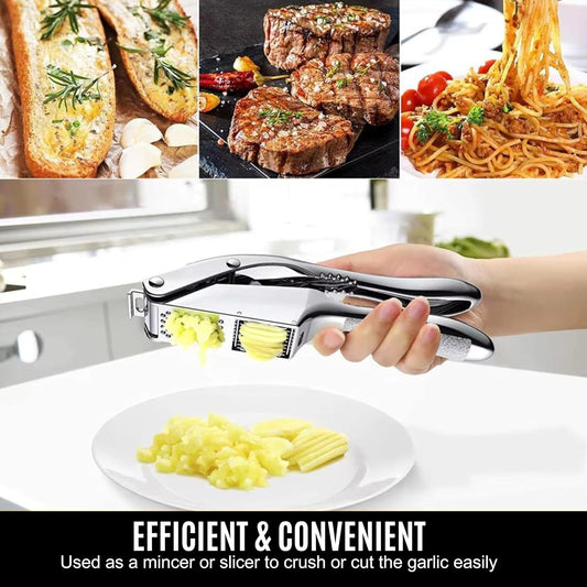 Garlic Press Stainless Steel - 3-in-1 Heavy Duty Garlic Press and Slicer, Professional Garlic Mincer Tool & Garlic Crusher with Ergonomic Handle, Dishwasher Safe Garlic Presser Set