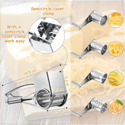 Rotary Cheese Grater Stainless Steel Handheld Rotary Parmesan Grater Cheese Cutter Slicer with 4 Stainless Drum for Grating Hard Chocolate Nuts Kitchen Tool