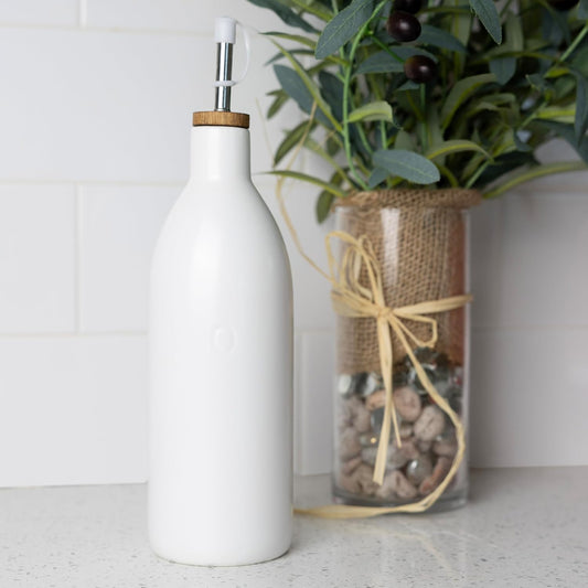 Fox Run White Ceramic Oil Bottle, 17 oz/500 ML Olive Oil Dispenser | Includes Pouring Spout & Cap To Minimize Mess | Beautiful White Ceramic Olive Oil Dispenser | Easily Cook & Make Salads