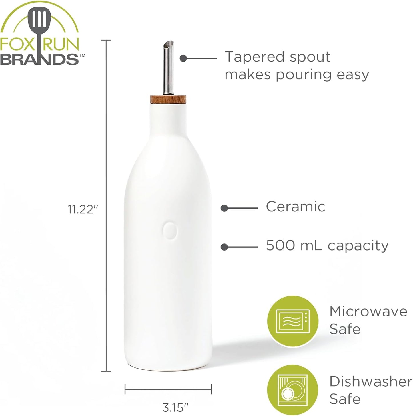 Fox Run White Ceramic Oil Bottle, 17 oz/500 ML Olive Oil Dispenser | Includes Pouring Spout & Cap To Minimize Mess | Beautiful White Ceramic Olive Oil Dispenser | Easily Cook & Make Salads