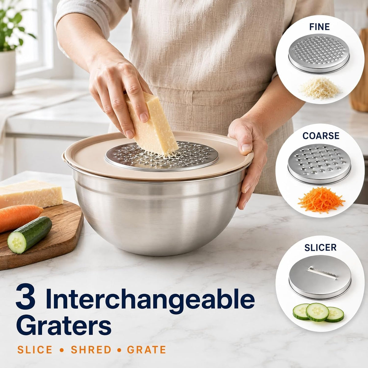 7QT 30PCS Mixing Bowls with Lids Set, 7QT to 1QT Stainless Steel Nesting Bowls with Graters, Non-Slip Silicone Bottom, Large Khaki Bowls & 21 Measuring Cups and Spoons Set Kitchen Appliances