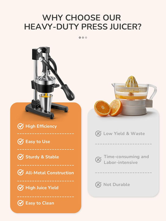Manual Citrus Juicer Cast Iron Heavy Duty Orange Press | Stainless Steel Strainer, Hand Squeezer, Easy To Clean, For Orange, Lemon, Lime And Grapefruit, Black