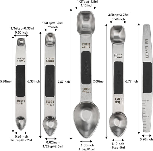 Magnetic Measuring Spoons Set Stainless Steel Double Sided Measuring Spoons | Measuring Teaspoon Tablespoon with 1 Leveler for Dry and Liquid Ingredients