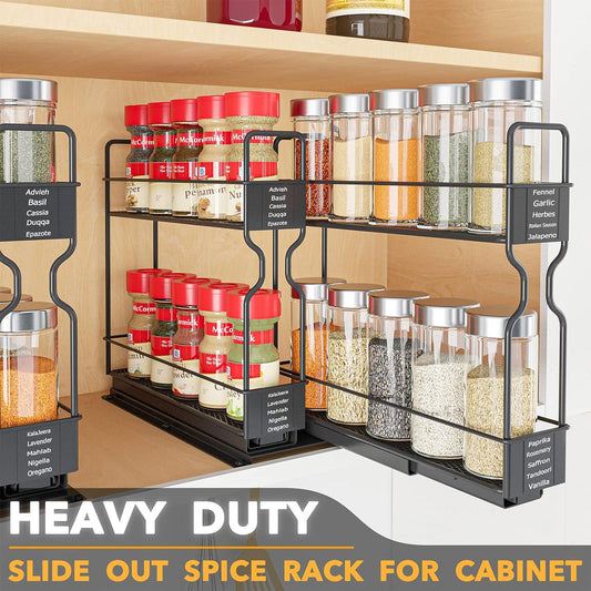 Pull Out Spice Rack Organizer for Cabinet, Heavy Duty Slide Out Seasoning Kitchen Organizer, Cabinet Organizer, with Labels, 5.2" W x10.75 D x10 H, 2 Drawers 2-Tier
