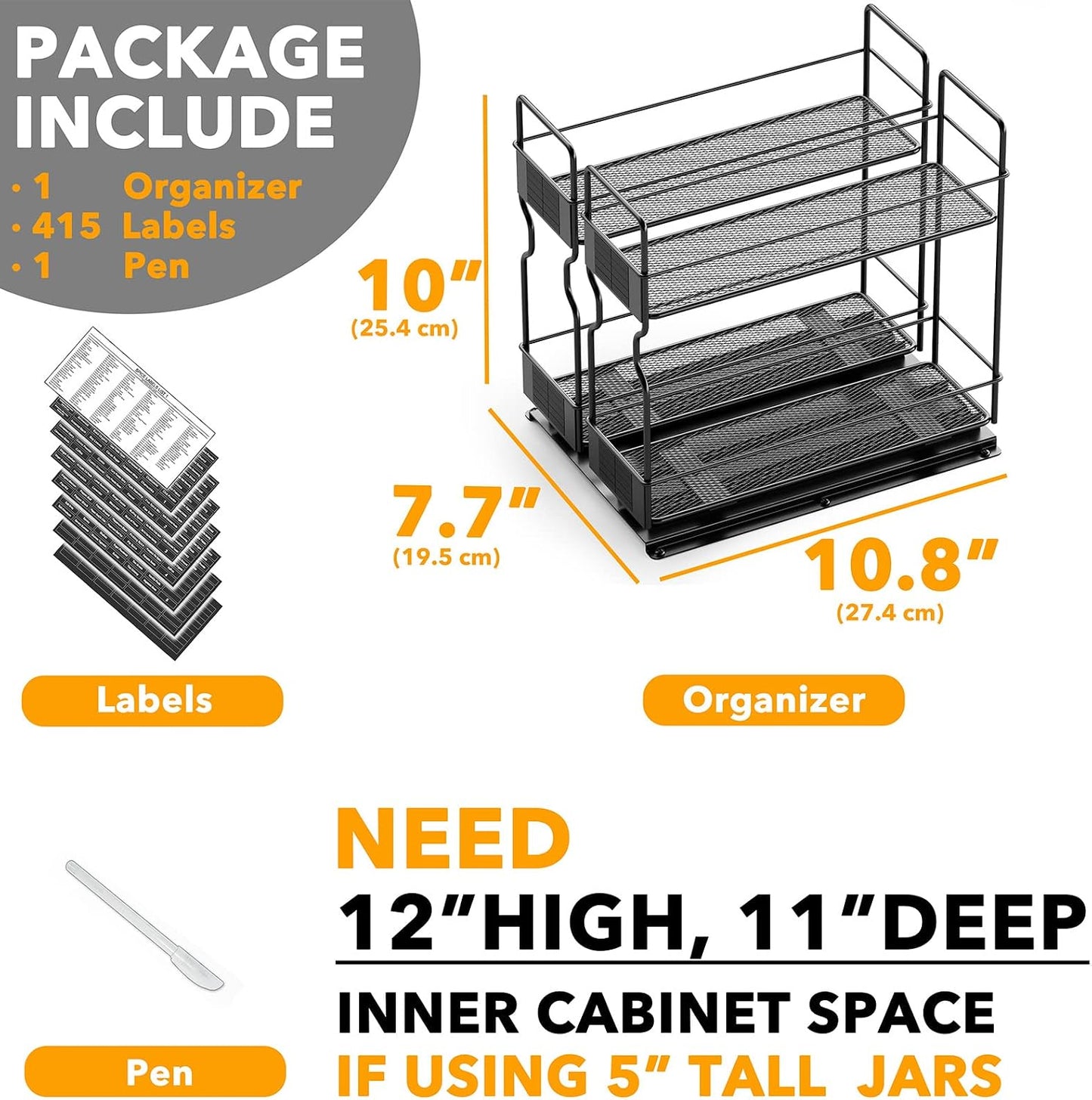 Pull Out Spice Rack Organizer for Cabinet, Heavy Duty Slide Out Seasoning Kitchen Organizer, Cabinet Organizer, with Labels, 5.2" W x10.75 D x10 H, 2 Drawers 2-Tier